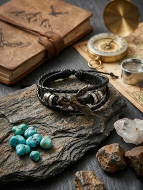 Hand Crafted Black Leather Bracelet with Brass Eagle Charm